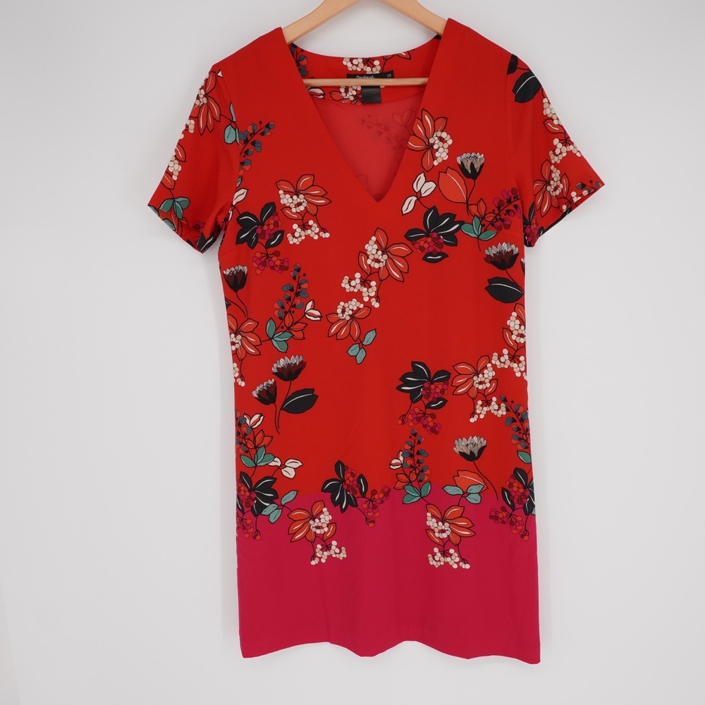 Desigual Floral Shift Dress Womens EU 38 M Red V Neck Short Sleeve Lined Office - Picture 15 of 16